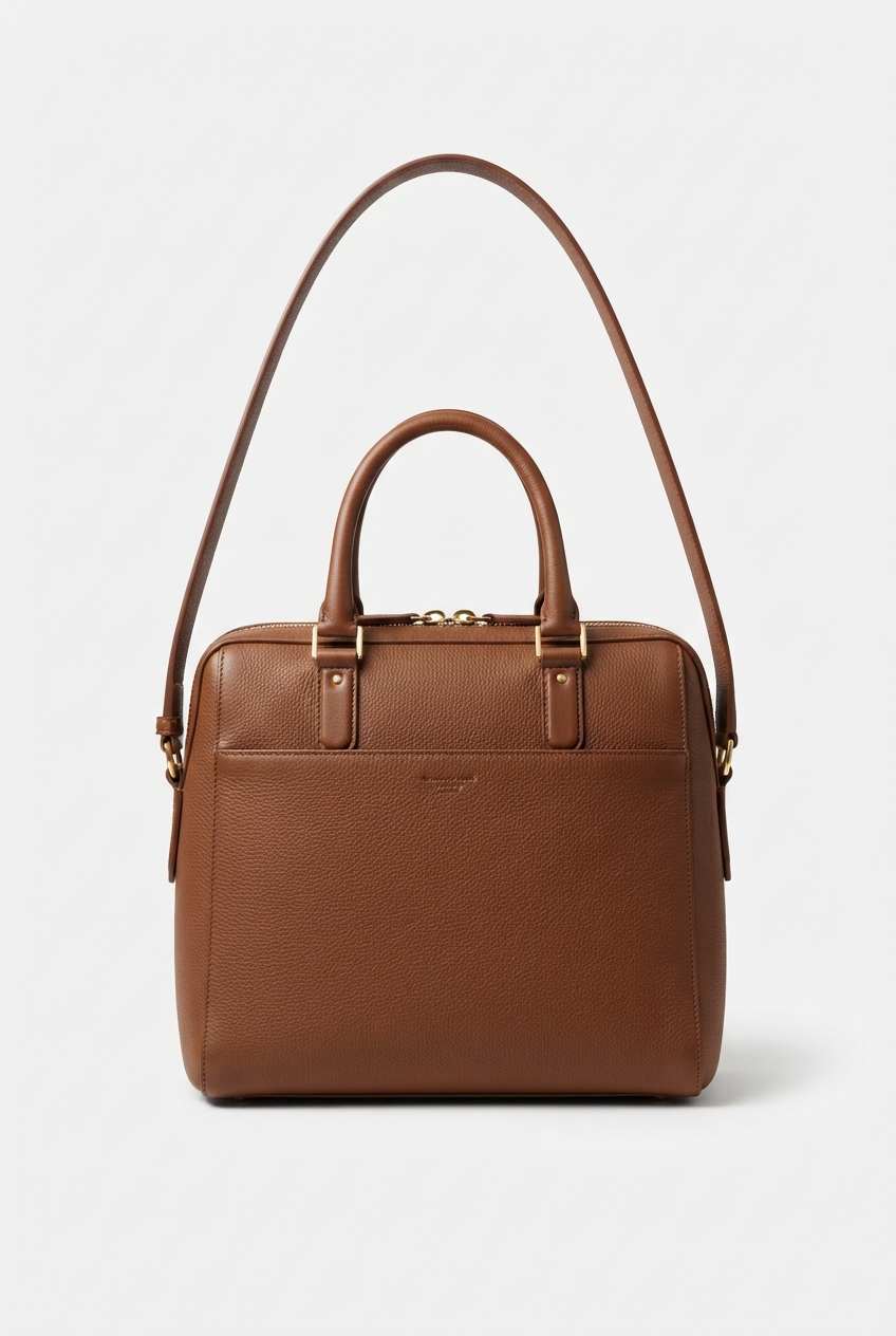 Brown compact crossbody bag centered on matte off-white background