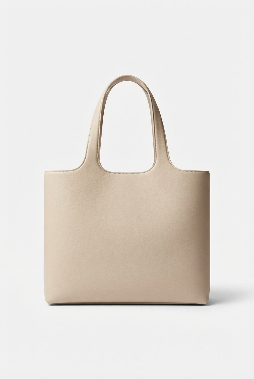 Beige structured tote bag with clean silhouette on neutral background