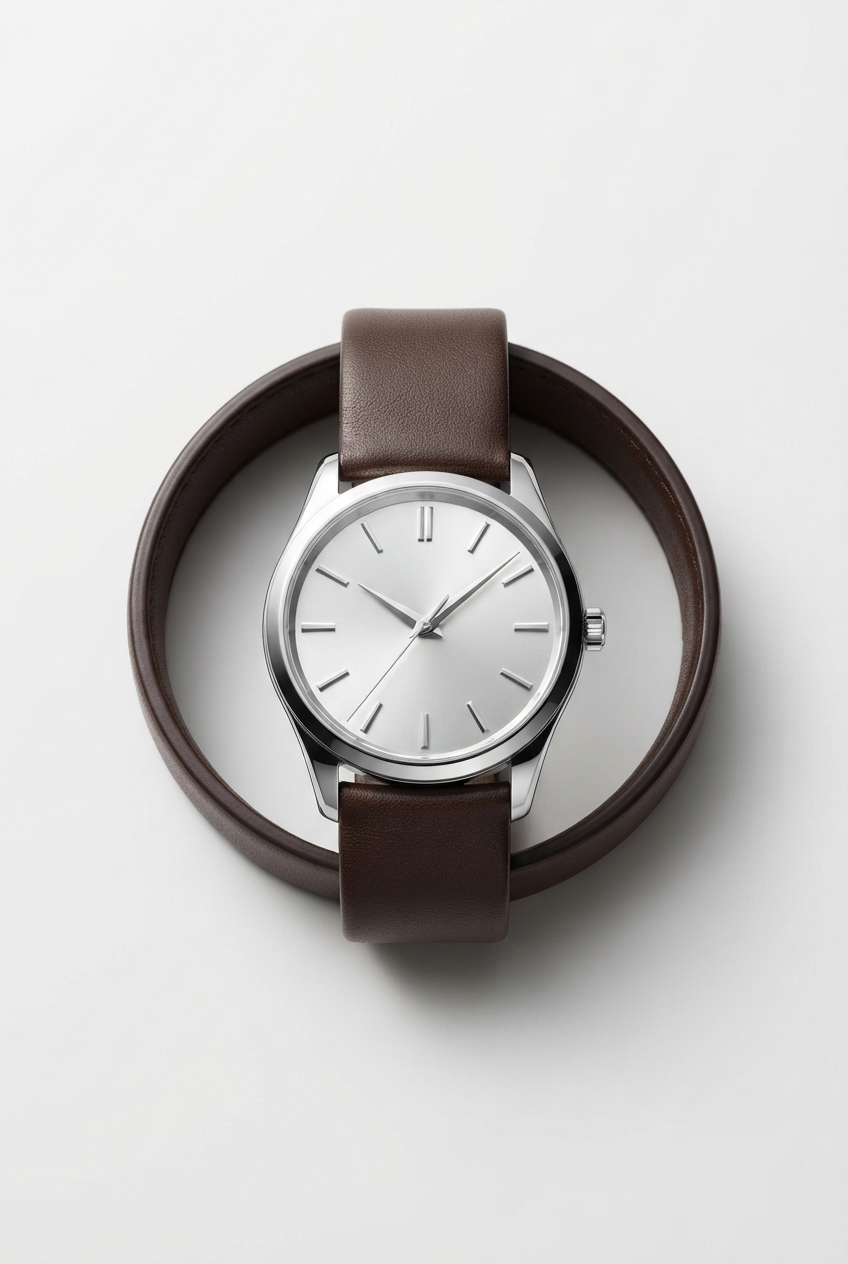Slim silver bracelet watch centered on matte studio backdrop